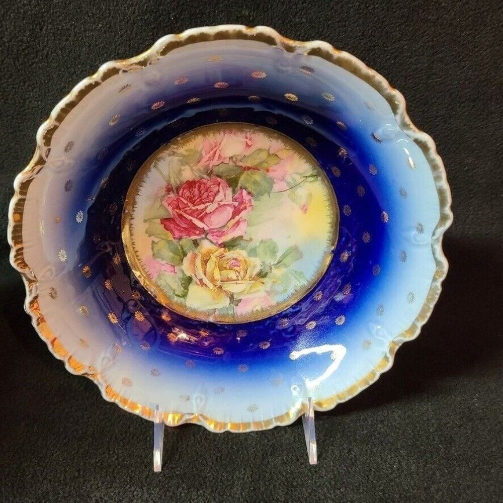 Vintage Victoria Austria Porcelain Bowl Navy Blue Gold Trim Roses Victorian